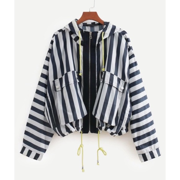 Zara Navy Blue White Striped Hooded Raincoat Jacket - Picture 2 of 10